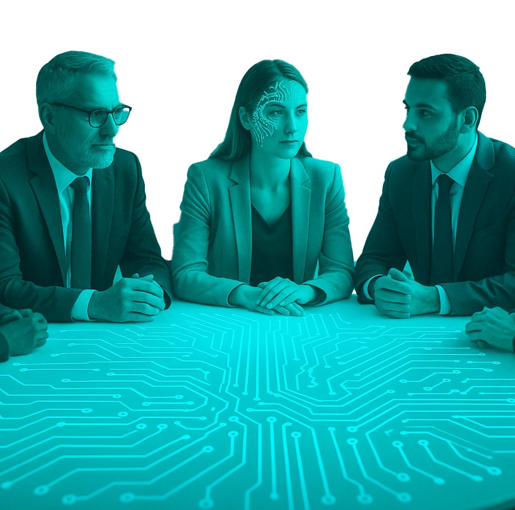 Leaders in conversation around a table